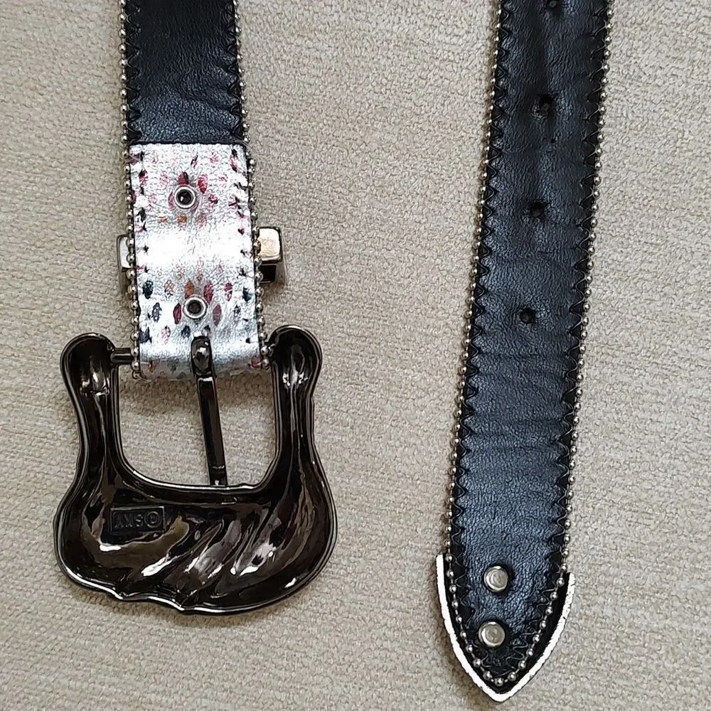 Sky Vintage Metallic Multi Colored Leather Belt Silver Buckle and Tip